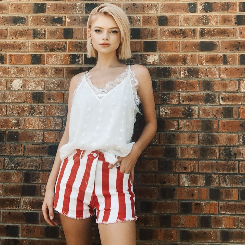 Red & White Stripped Shorts | Frayed Hem